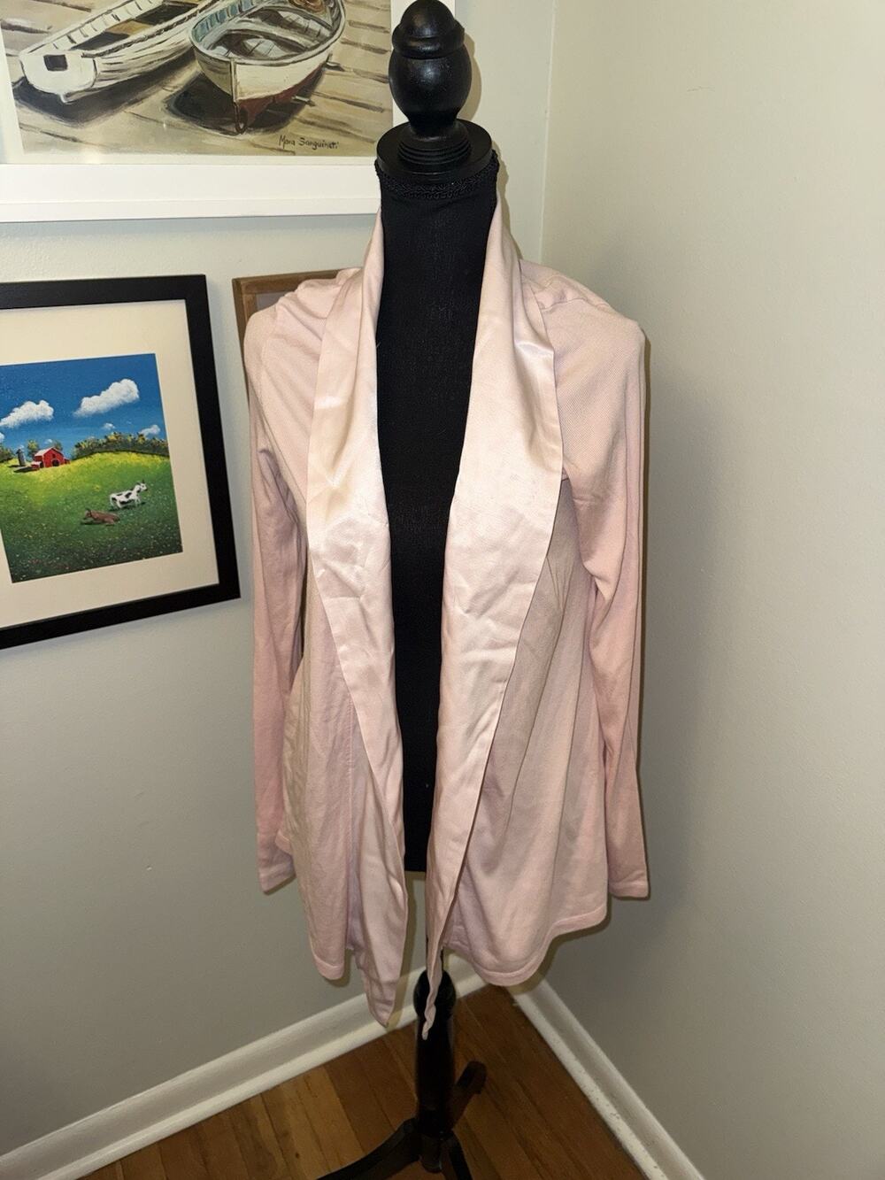 PJ Harlow Shelby Knit Blush Pink Satin Collar Lounge Cardigan Wrap Large